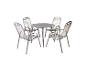 Gartenmöbel-Set mit rundem Tisch und vier Stühlen aus Metallgeflecht.