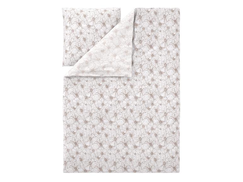 Bettwäsche-Set mit Kissenbezug, mit beigem Blumenmuster auf weißem Hintergrund.
