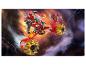 Roter LEGO Ninjago Mech und Fahrzeug mit Drachen-Minifigur am stürmischen Himmel.