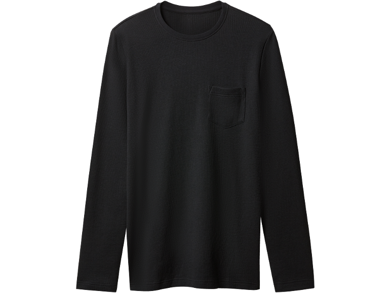 Schwarzes Herren-Langarmshirt mit Rundhalsausschnitt und Brusttasche.