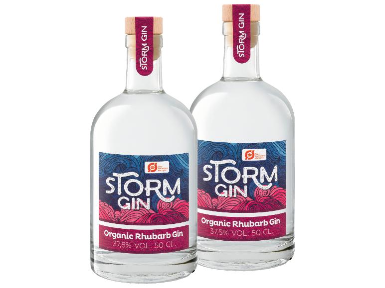 Zwei Flaschen Bio-Rhabarber-Gin mit blauen und rosa Etiketten.
