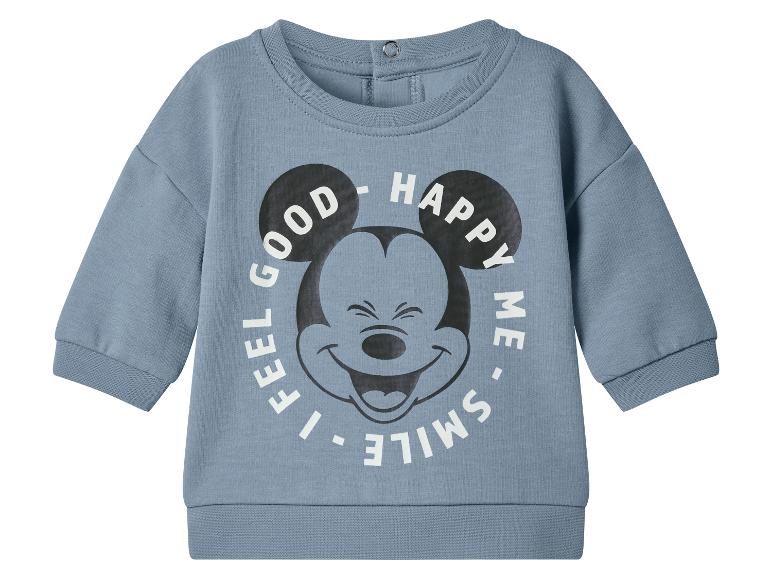 Blaues Baby-Sweatshirt mit Micky Maus-Motiv und dem Schriftzug „I FEEL GOOD - HAPPY ME - SMILE“.