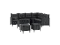 Schwarze Eck-Gartenlounge mit Tisch und Hocker.
