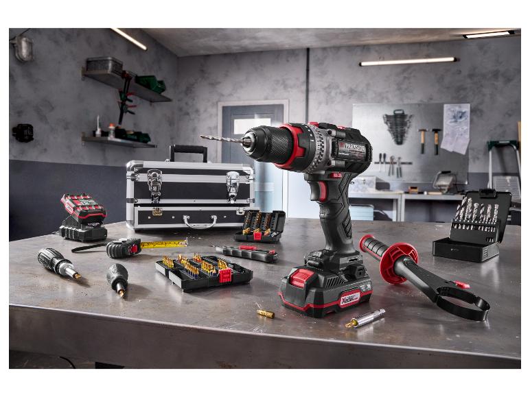 PARKSIDE PERFORMANCE® 20 V Akku-Schlagbohrschrauber Set mit Zubehör auf Werkbank