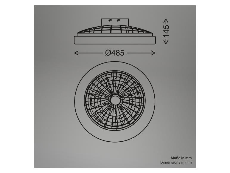 Technische Zeichnung eines Deckenventilators mit Maßen: Durchmesser 485 mm, Höhe 145 mm.