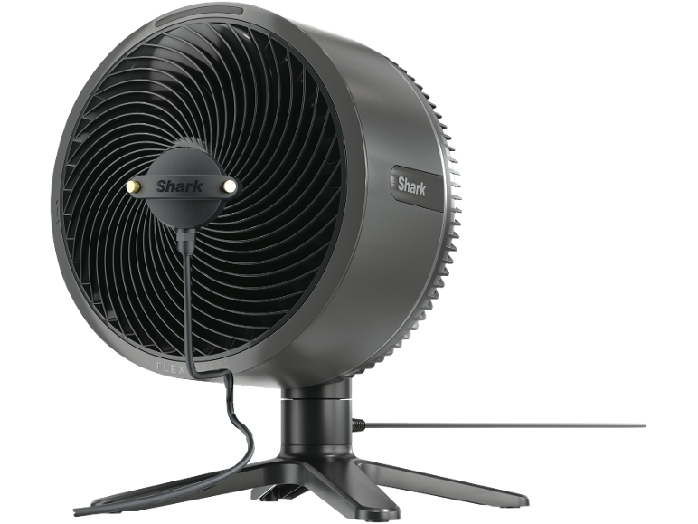 Dunkelgrauer Tischventilator mit Spiralgitter und flexiblem Ständer, Seitenansicht.