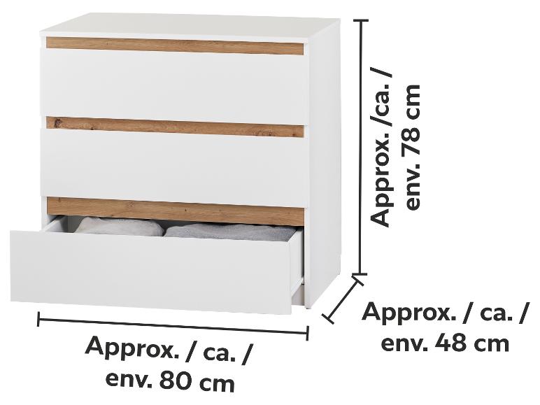 Weiße Kommode mit drei Schubladen und Holzdetails, Maße ca. 78x80x48 cm.