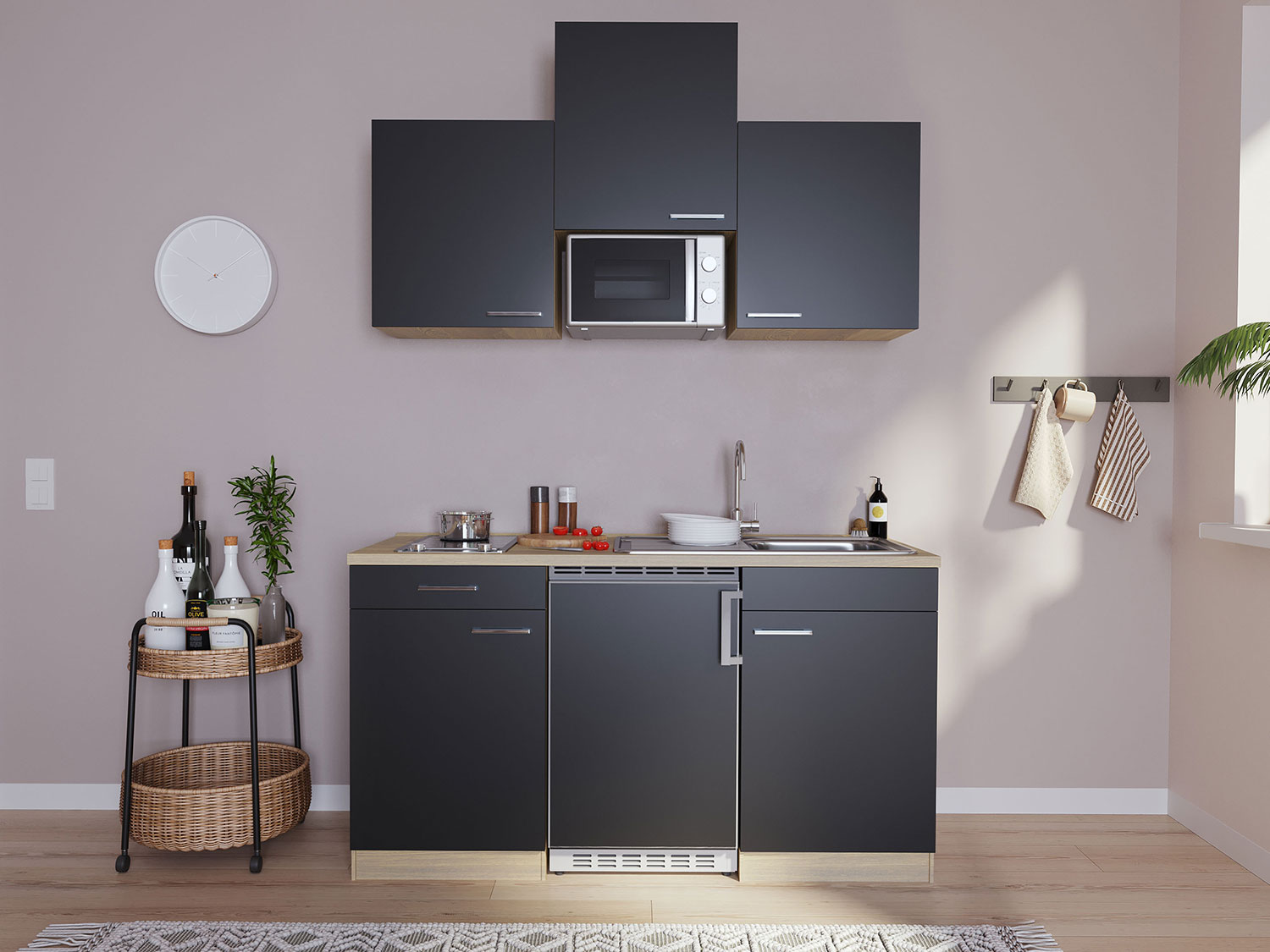 Respekta Singleküche Eiche Sonoma Sägerau 150/160/180cm (mit Mikrowelle, schwarz / Glaskeramikkochfeld, Breite 150cm) | 04260344974061