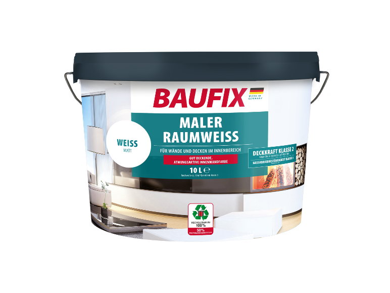 Baufix Wand- und Deckenfarbe: 10L Eimer, matt weiss.