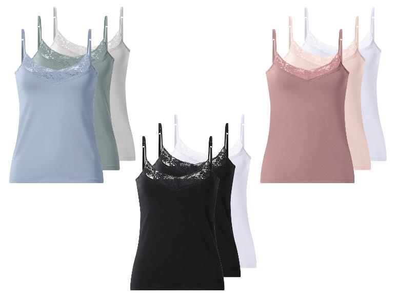 Dreierpacks Spaghettiträger-Tops mit Spitze in verschiedenen Farben: Blau, Grün, Rosa und Schwarz.