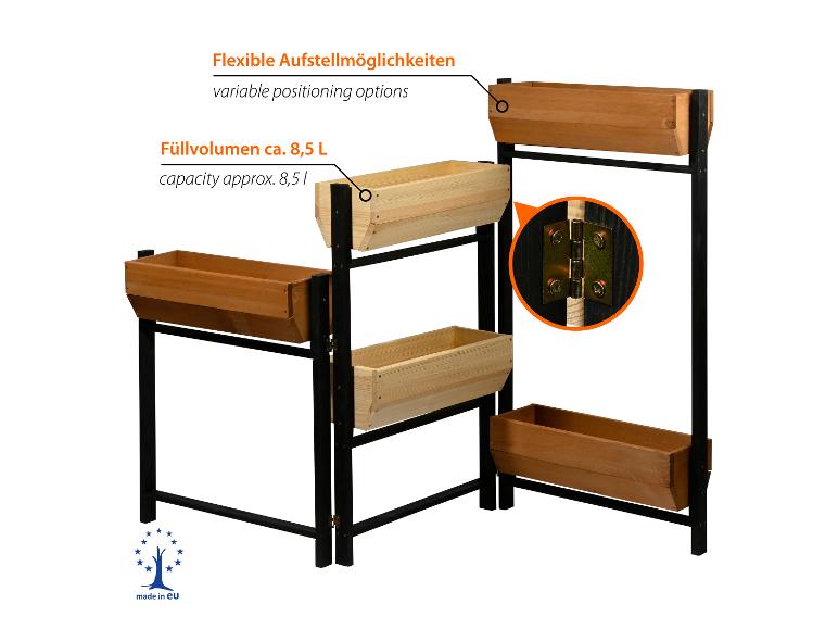 Pflanzkästen aus Holz auf schwarzem Metallrahmen, mit Text zu flexiblen Aufstellmöglichkeiten und Fassungsvermögen.
