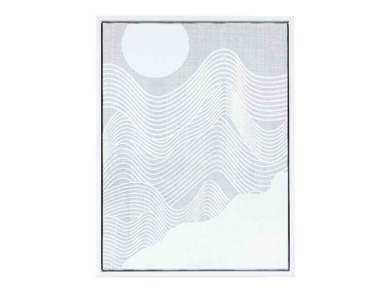 Ein abstraktes Gemälde mit weißen wellenförmigen Linien auf grauem Hintergrund