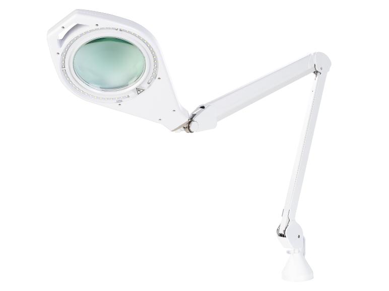 Weiße Lupenleuchte mit LED-Beleuchtung und flexiblem Arm.