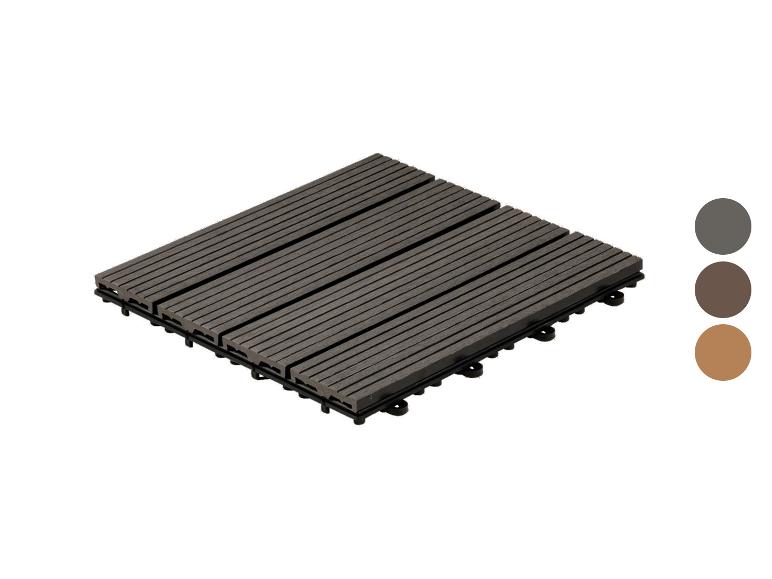 Graue WPC-Terrassenfliesen mit drei Farbmustern.