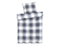 Ein weiß-blaues kariertes Bettbezug-Set.