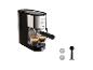 Kaffeemaschine mit zwei Espressotassen, zwei Filtern und einem Kaffeetamper.