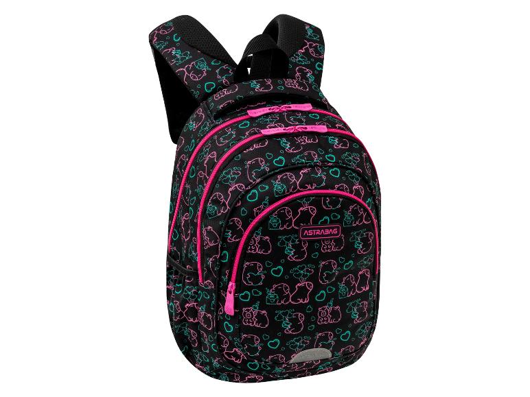 Schwarzer Rucksack mit rosa und türkisfarbenen Tier- und Herzmustern, pinken Reißverschlüssen.