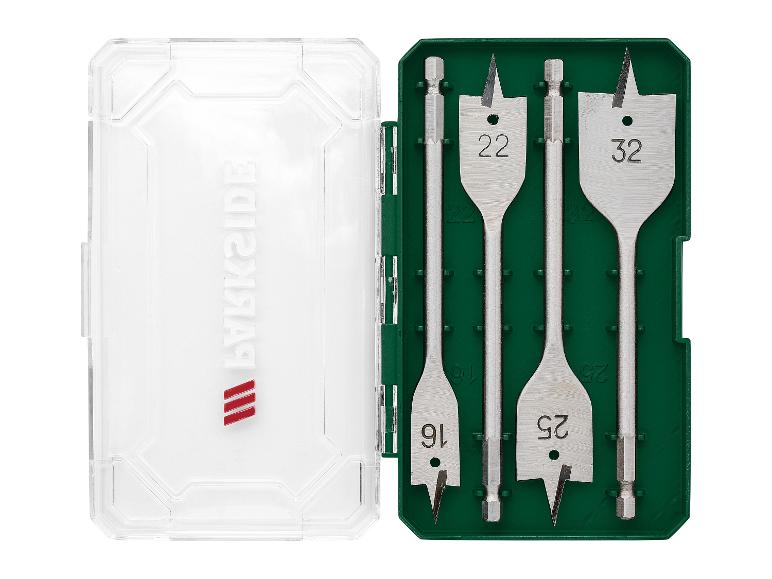 Ein Set mit vier Bohrern von Parkside, in einer grünen Box.
