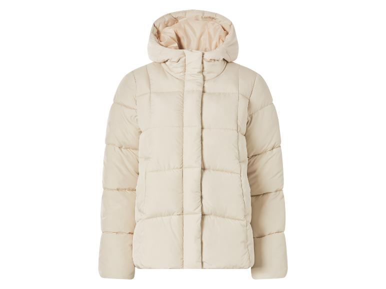 Beige Steppjacke mit Kapuze, Vorderansicht.