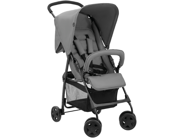 Grauer Kinderwagen mit Verdeck, Sicherheitsgurt und Einkaufskorb.