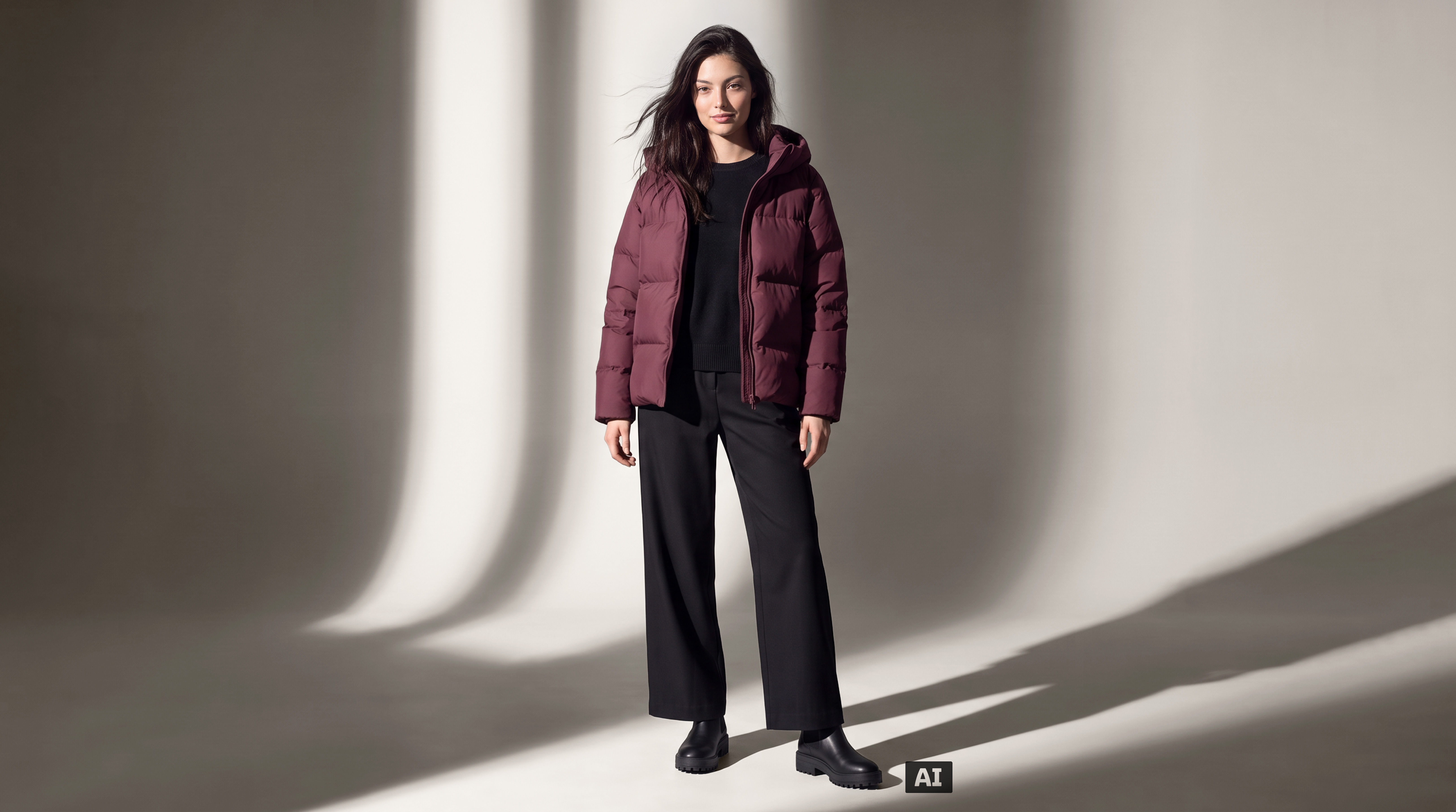 Dieses Bild ist KI-generiert: Ein weibliches Model trägt die Steppjacke in der Farbe Bordeaux