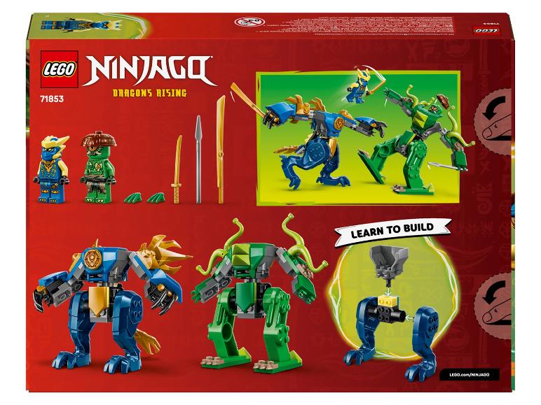 Ninjago Dragons Rising Bausatz mit blauen und grünen Mechs, Minifiguren und Waffen.