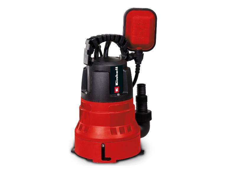 Rote und schwarze Tauchpumpe mit Schwimmerschalter und Schlauchanschluss.