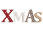Dekorative Holzbuchstaben, die das Wort „XMAS“ im Weihnachts-Stil bilden.