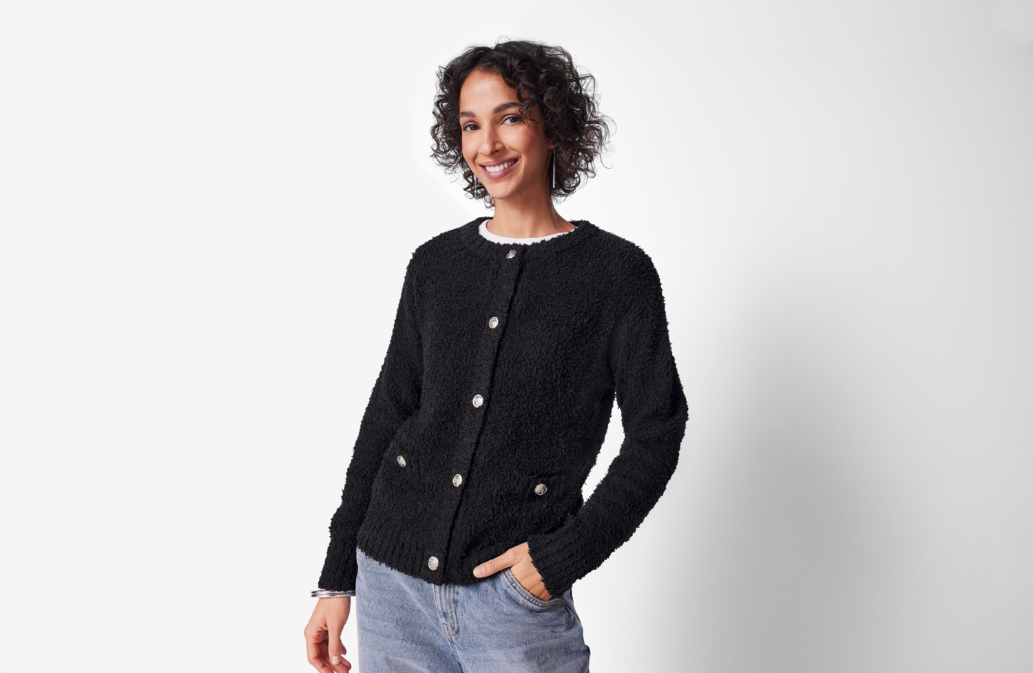 ESMARA® Damen Plüsch-Cardigan (Schwarz, XS(32/34)) – Bild 2 von 4