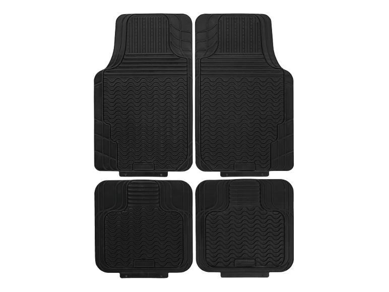 Set aus vier schwarzen Gummi-Fußmatten für Autos mit strukturiertem Muster.