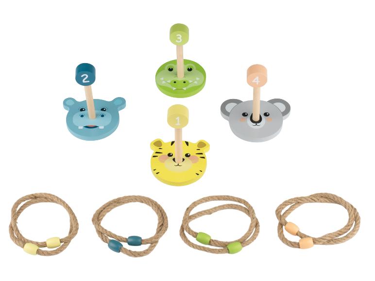 Ein Holz-Ringwurfspiel mit Tiermotiven und Seilenringen.