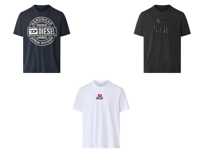 Drei Herren-Kurzarm-T-Shirts: ein marineblaues mit rundem Logo, ein schwarzes mit geprägtem Logo und ein weißes mit kleinem rotem Logo.