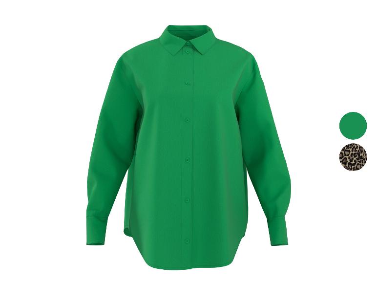 Grünes Damen-Button-up-Hemd mit zwei Farbmustern: Grün und Leopardenmuster.