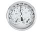 Silbernes analoges Barometer, Thermometer und Hygrometer, die Druck, Temperatur und Luftfeuchtigkeit anzeigen.