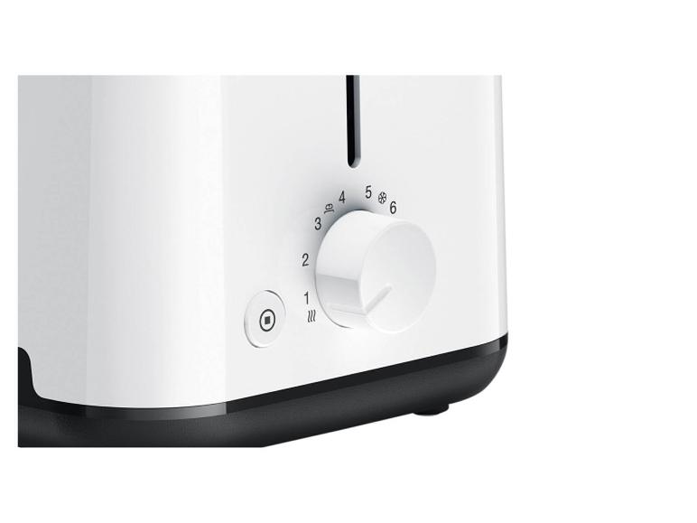 Weißer Toaster mit Bräunungsregler und Abbruchtaste.