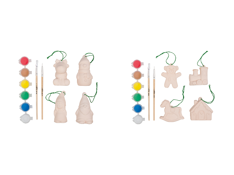 Zwei Sets zum Bemalen von Weihnachtsschmuck, darunter Rentier, Schneemann, Zwerge, Teddybär, Zug, Schaukelpferd und Lebkuchenhaus.