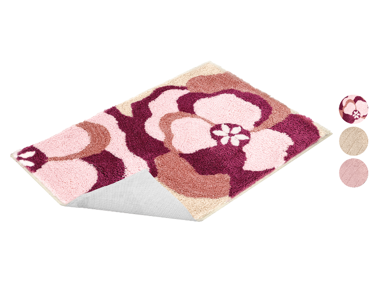 Blumen-Badematte in Rosa-, Burgunder- und Beigetönen, mit rutschfester Unterseite.