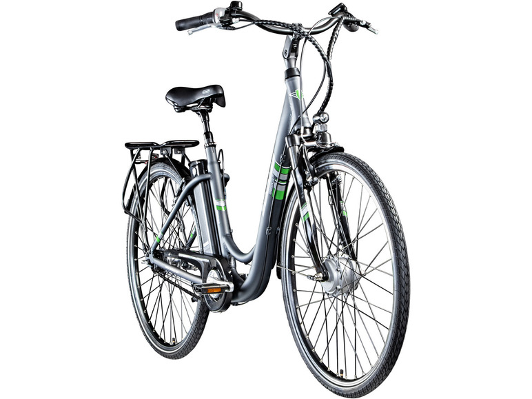 Ein graues E-Bike mit grünen Akzenten.