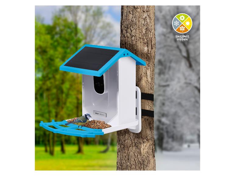Smarte Vogeltränke mit Kamera und Solarpanel, an einem Baum befestigt, mit der Aufschrift „ganzjährig füttern“.
