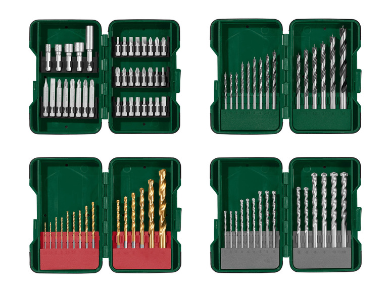 Ein Satz mit verschiedenen Bohrertypen, darunter Schraubendreherbits, Holzbohrer und Steinbohrer.