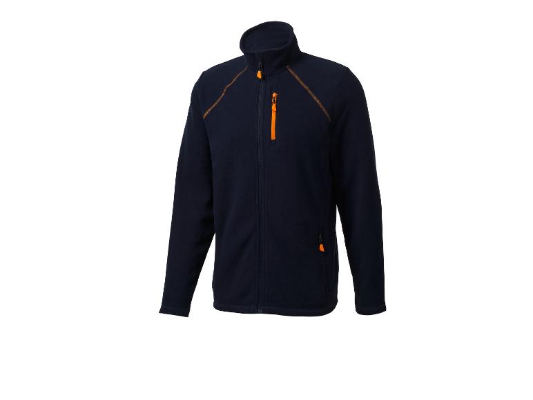 Dunkelblaue Fleecejacke mit orangefarbenen Reißverschlüssen und Nähten