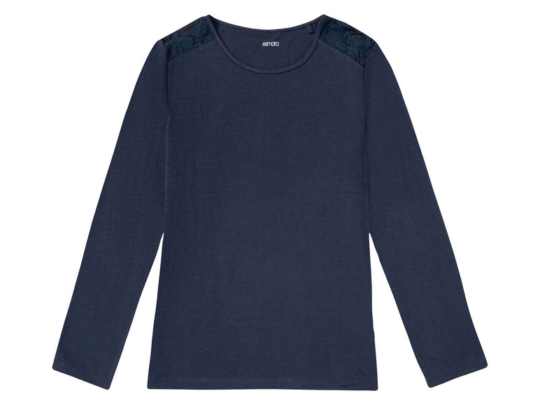 Ein dunkelblaues Langarmshirt mit Spitze an den Schultern der Marke Esmara.