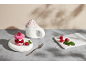 Himbeer-Macaron, Schlagsahne und frische Himbeeren auf einem Marmorbrett.