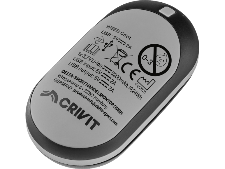 Tragbare Powerbank mit 5200mAh Kapazität, USB-Ein-/Ausgang und WEEE/CE-Kennzeichnung.