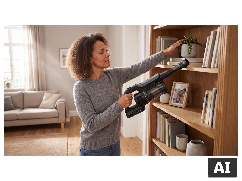 Eine Frau reinigt ein Regal mit dem SILVERCREST® Akku-Staubsauger. [KI-generiertes Bild]