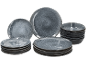 Set aus dunkelgrauen Keramiktellern und Schalen mit gesprenkeltem Muster.