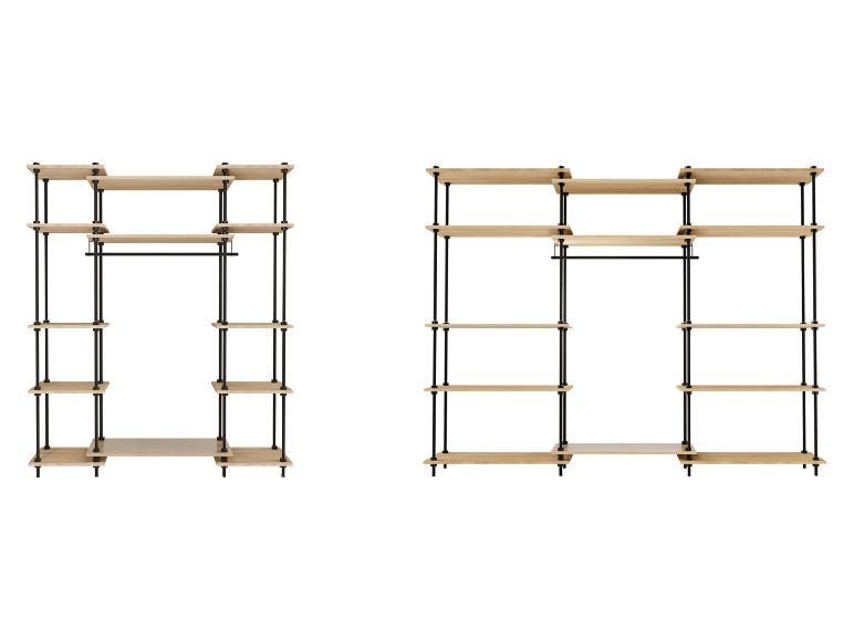 Zwei modulare Regalsysteme mit Holzregalen und schwarzen Metallrahmen.