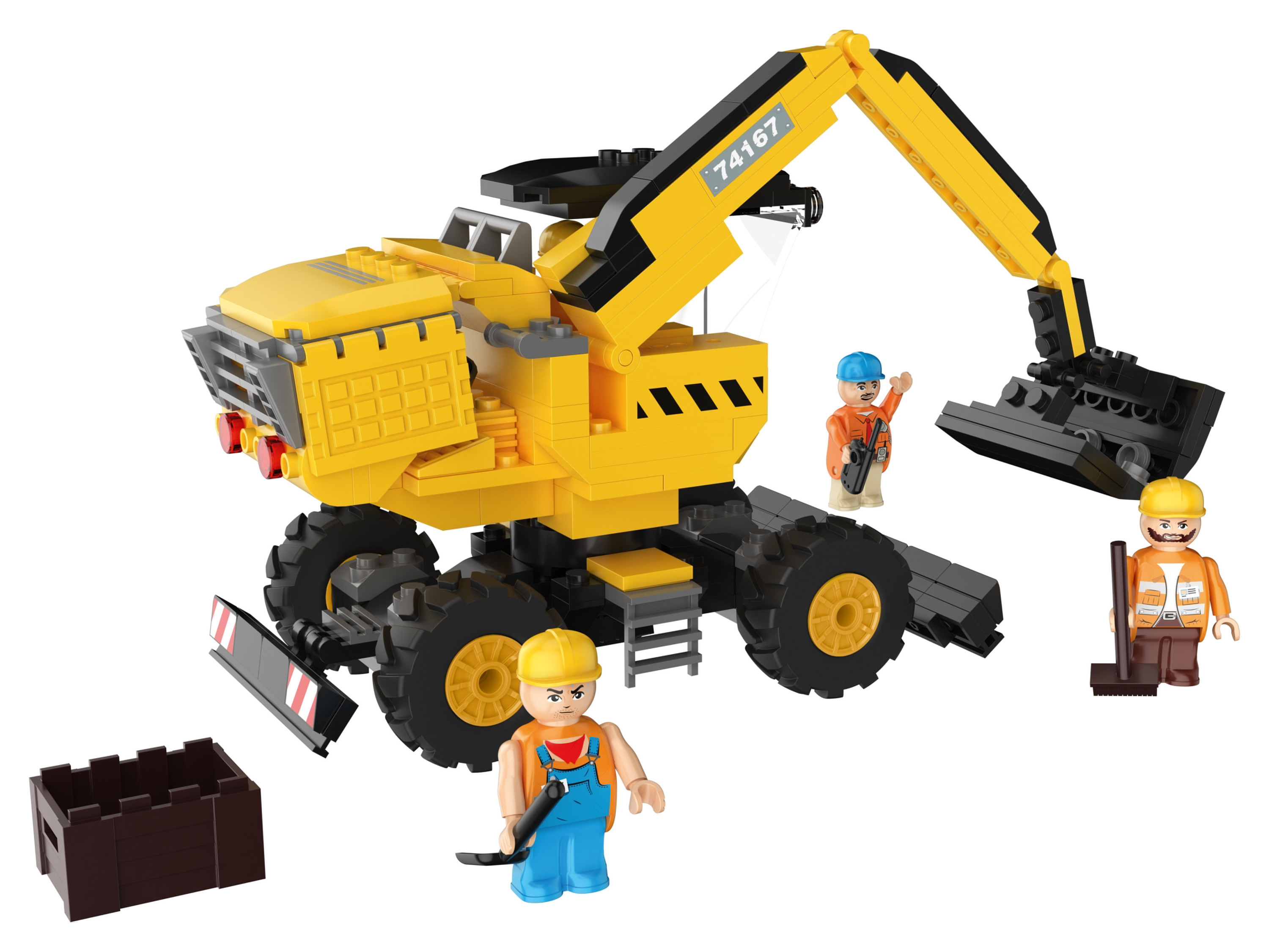 Playtive Clippys Set M (Bagger)““ | Fantasie und Interaktion 4 Figuren und viele Accessoires Kompatibel mit allen handelsüblichen Klemmsteinen Altersempfehlung: ab 5 Jahren Polizeitruck: Mit aufklappbarem Hightech-Überwachungsraum Auflieger abkoppelbar Gefängnis und großzügiger Stauraum 489-teilig Feuerwehr Leiterwagen: Mit schwenkbarer Drehleiter Löschvorrichtung und großzügigem Stauraum 306-teilig Bagger: Mit 360° Rotierfunktion und beweglicher Schaufel Aufklappbares Führerhaus mit Motorklappe 275-teilig Stunt Lkw: Zugmaschine mit aufklappbarem Motorraum und Anhänger mit streckbarer Stuntrampe Inklusive Minibuggy 480-teilig Produktmerkmale tabletd Anzahl Teile: 489 / 306 / 275 / 480 Maßstab: – Altersempfehlung: ab 5 Jahren Batterien benötigt: nein Batterien enthalten: nein Lieferumfang: 1x Clippys Set Warnhinweis: Achtung. Nicht für Kinder unter 36 Monaten geeignet. Erstickungsgefahr, da kleine Teile verschluckt oder eingeatmet werden können.““