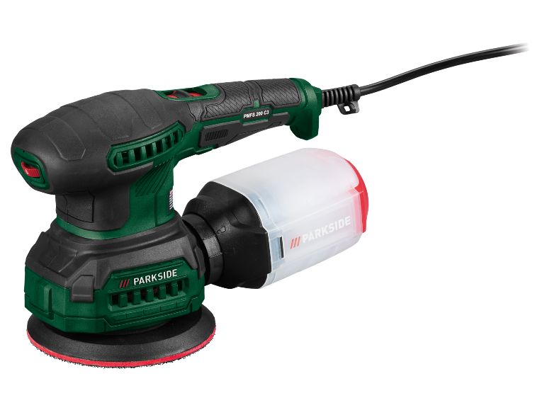 Grüner und schwarzer Exzenterschleifer mit angeschlossenem Staubbeutel.