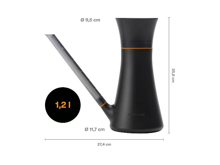 Schwarze Gießkanne mit orangefarbenem Detail und transparentem Ausguss, 1,2 l Fassungsvermögen.